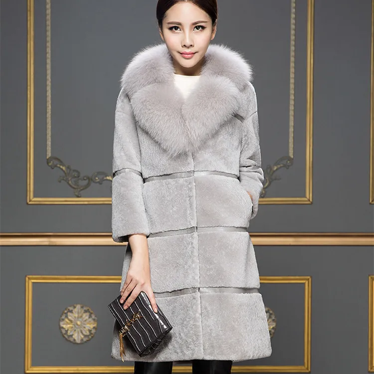 

Winter Warm Artificial Decent Faux Sheepskin Fur Coat Long coat Luxury Coats Plus Size Women Fake Fox collar Women's jacket