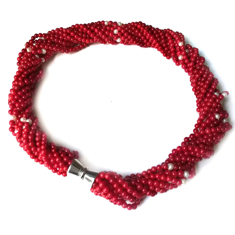 18 inches 4mm 12 Rows Golden Spacer Beads &Red Natural Coral Necklace with Magnet Clasp