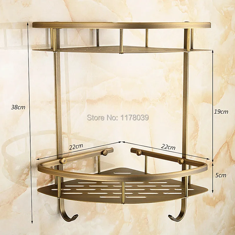 

European antique brass corner bathroom shelving,retro Bathroom dual tier shelf with hooks,Bathroom hardware accessories,J16498