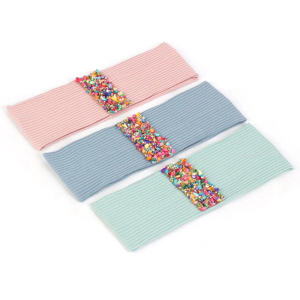 Fashion Woman Cotton Colorful Stones Ribbon Flat Headbands Headwear Boho Soft Ribbed Elastic Hair Band Accessories Party Turban