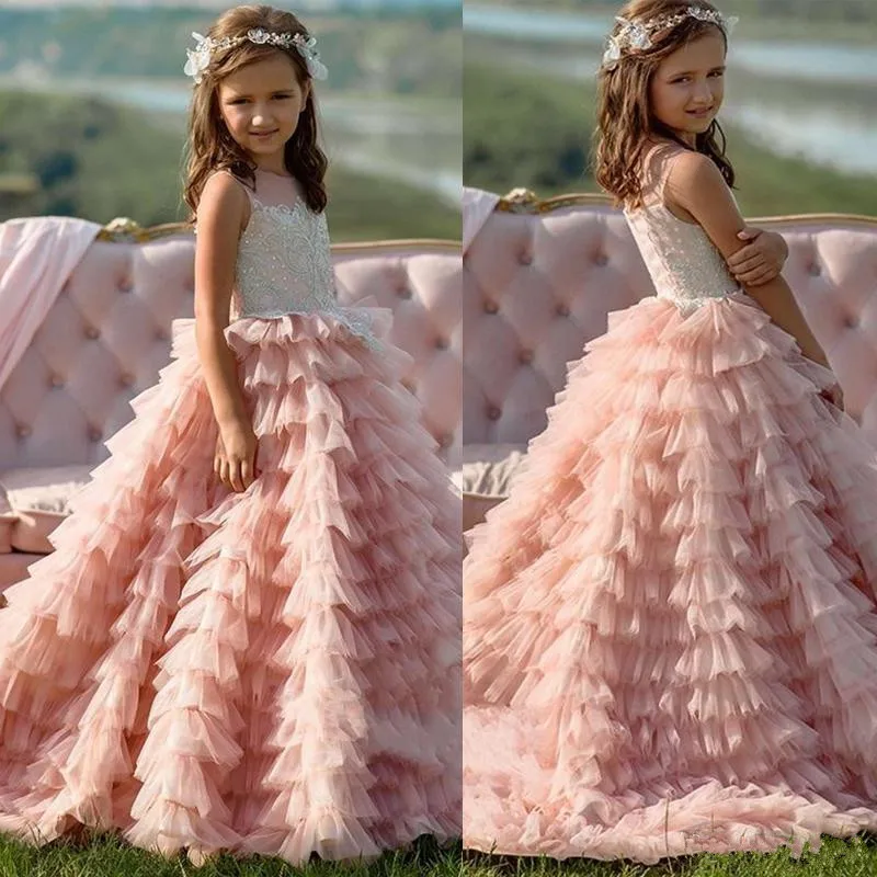 

Glitz Flower Girl Dress Tiered Tulle Princess Dress Lace Appliques Sweep Train Custom Made Girls First Communion Dress