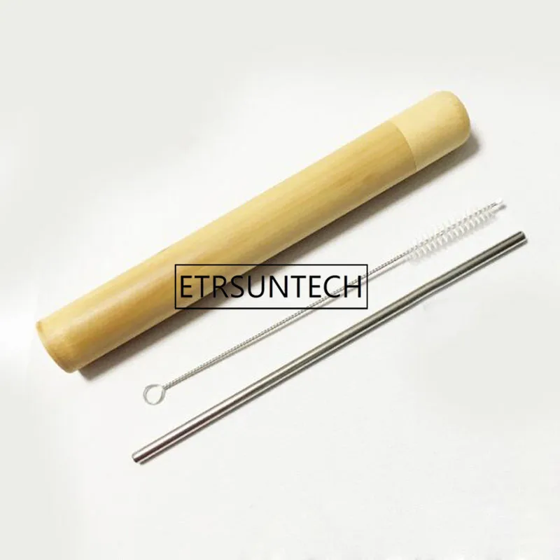 50sets Drinking Straw Stainless Steel Straw With Cleaner Brush Kitchen Bar Accessories Portable Travel Bamboo Tube Barrel Set