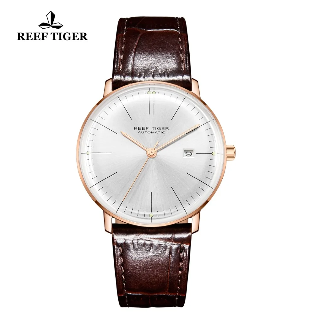 Reef Tiger/RT Top Band Luxury Dress Watch for Men Rose Gold Automatic Watches Brown Leather Strap RGA8215