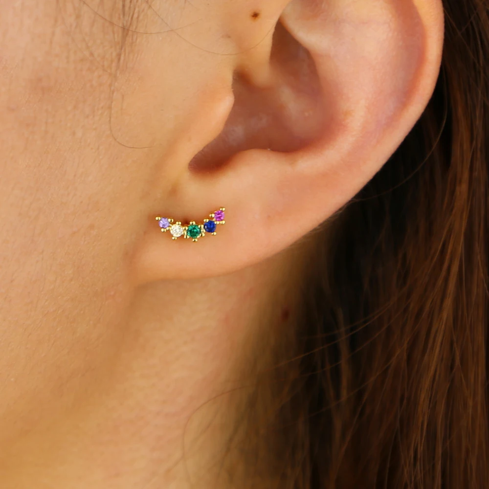 rainbow cz cluster small stud earring for girl minimal delicate colorful fashion jewelry