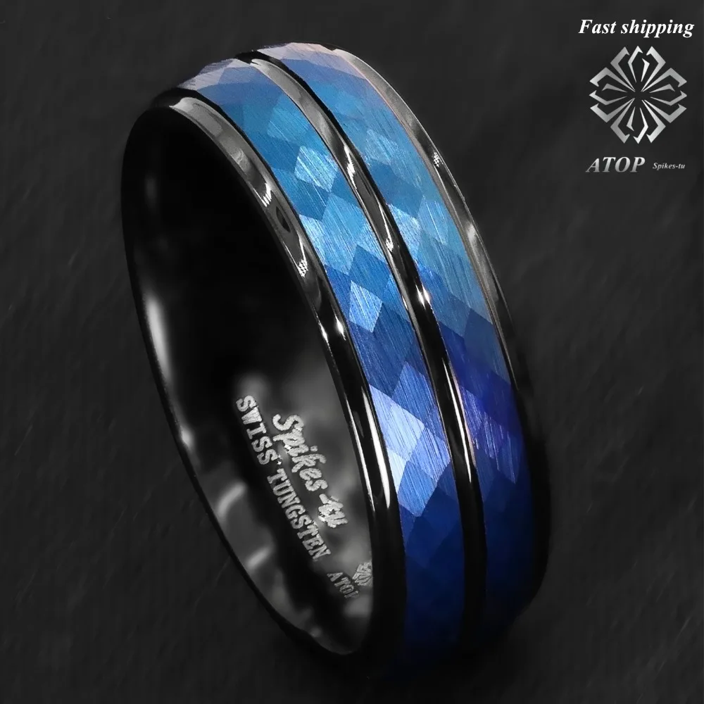 8mm Black Blue Brushed Crystal Skin Tungsten Ring Men Bridal Band ATOP Jewelry