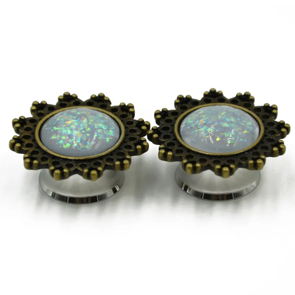 1Pair Hot sale Women Single Flare Synthetic Opal Lotus Flower Ear Tunnel Ear Stretcher Plugs Gauge Expander