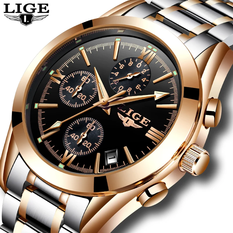 Relogio Masculino LIGE Men Top Luxury Brand Military Sport Watch Men\'s Quartz Clock Male Full Steel Casual Business gold watch