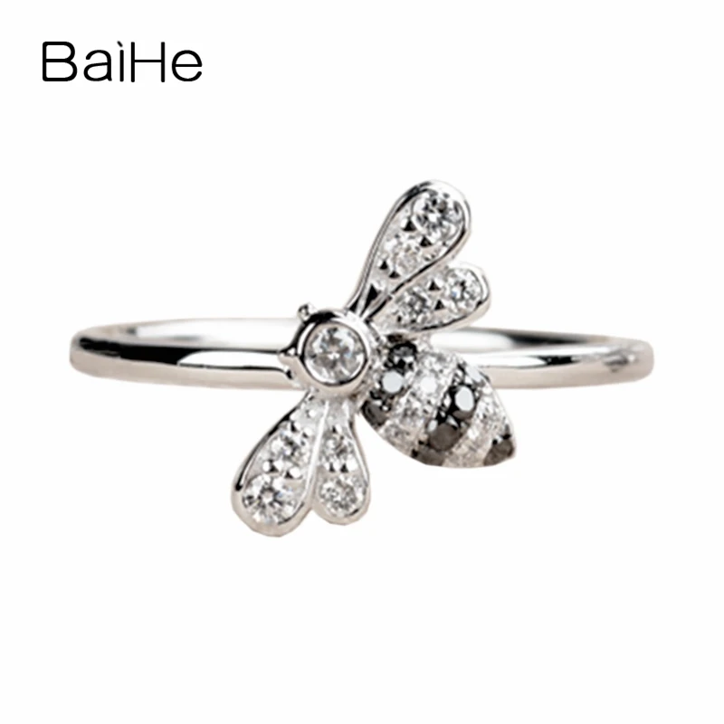 

BAIHE Solid 14K White Gold 0.18ct H/SI Natural Diamonds+Black Diamonds Women Trendy Fine Jewelry Beautiful diamond bee Ring