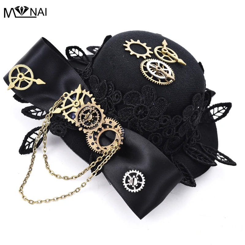 Vintage Hat Lace Ribbon Bo Tie Lolita Cosplay Mini Top Hats for Men with Gears Women Hat Steampunk Party Hair Accessories Gothic