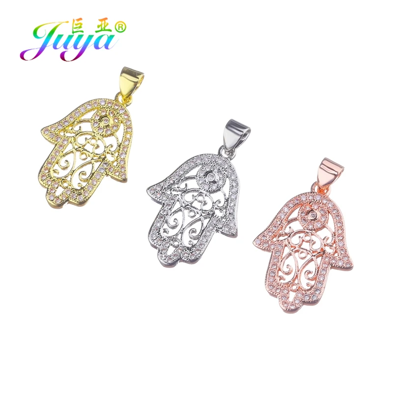 Juya DIY Amulets Bracelet Necklace Making Accessories Micro Pave Zircon Hamsa Hand Of Fatima Charm Pendants Supplis