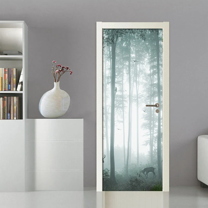 غابة صغيرة الغزلان ثلاثية الأبعاد ملصق الباب ملصق جدار جدارية بولي كلوريد الفينيل مقاوم للماء صور مطبوعة للحوائط خلفية لغرفة المعيشة غرفة نوم باب ديكور المنزل