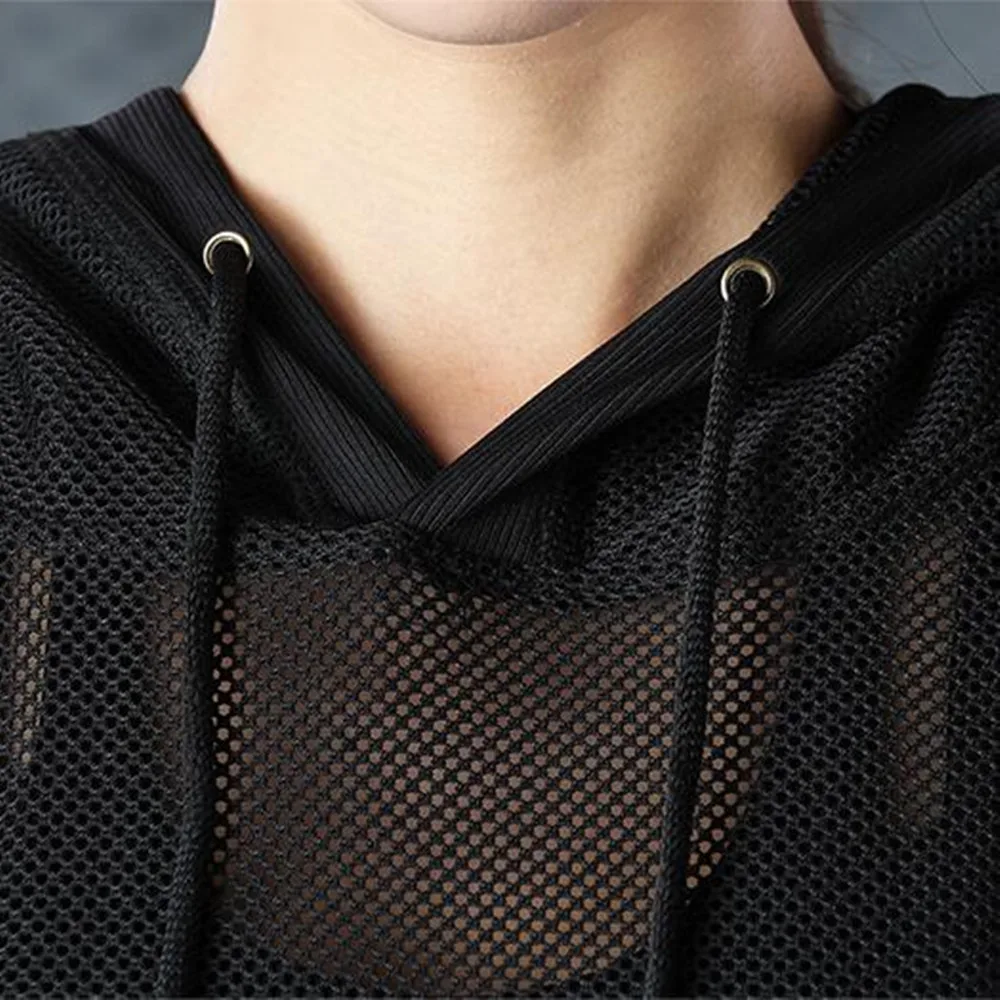 Fashion Women Mujer Sexy Mesh Hooded T-Shirt Quick-Drying Fitness Running Gym Yoga Top Casual Long Sleeve Transparent Hoodies