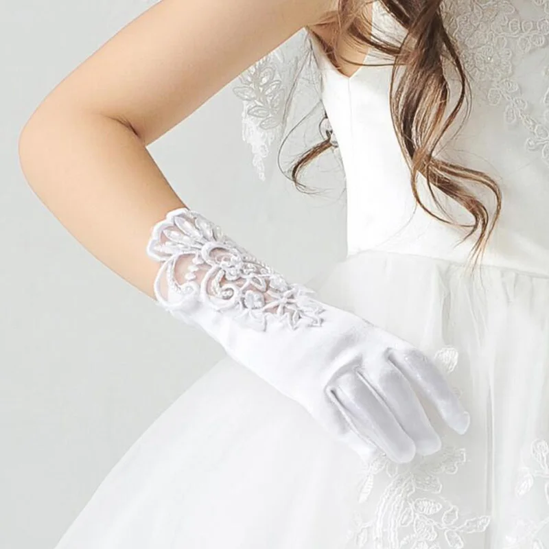Gants de danse de princesse en maille élastique blanche pour enfants, gants de fête formels pour filles, gants de danse avec nœud court en dentelle