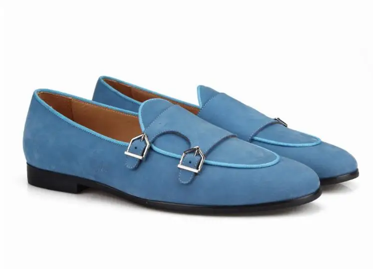 Blue Suede Shoes Loafers Men's Moccasins Casual Shoes Flats Dress Shoes Double Buckles Wedding Shoes Large Size