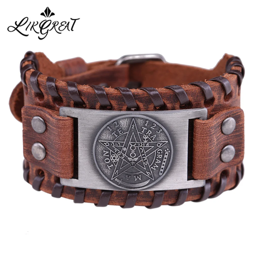 Tetragrammaton Pentagram Amulet Pentacle Men Leather Bracelet Ancient Power Name of God Adjustable Bangle Wiccan Jewelry