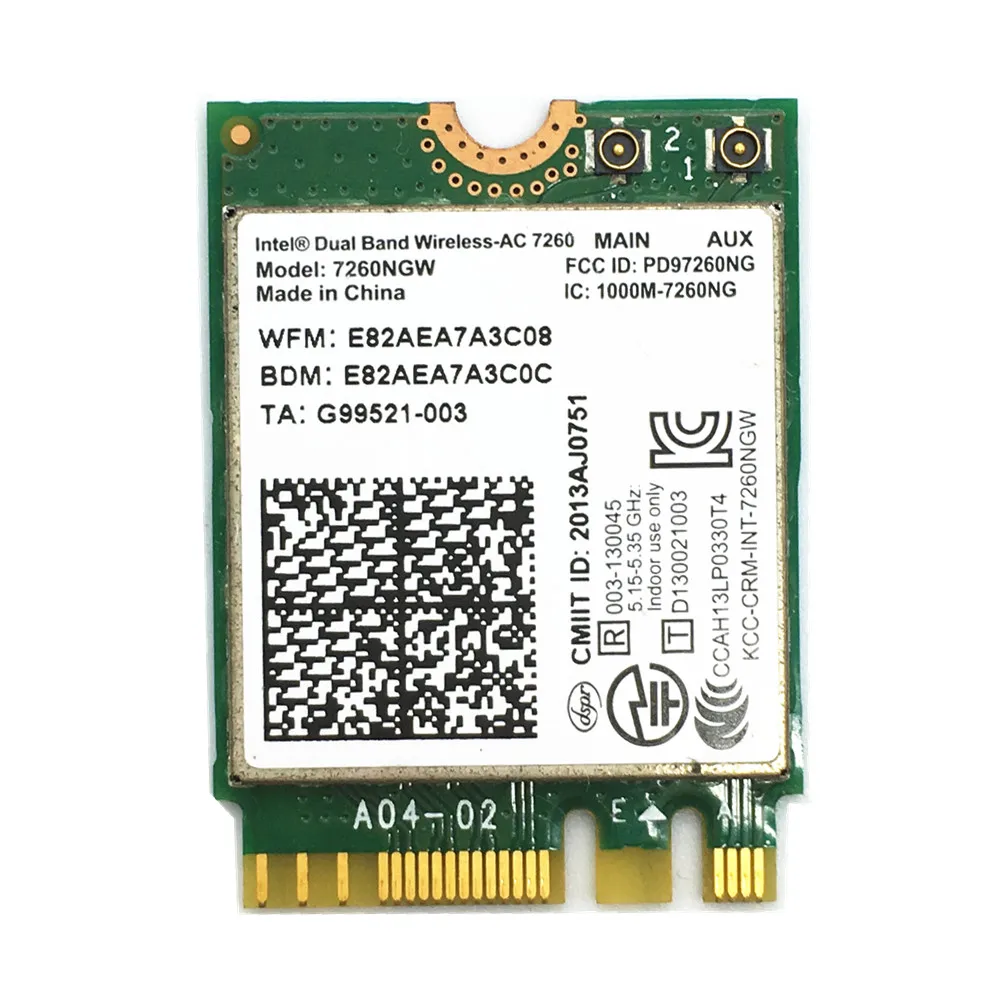 

Dual Band AC 7260NGW for Intel 7260 NGFF 2x2 WIFI 802.11ac 867 Mbps Wi-Fi + Support Bluetooth 4.0 Wirelss Card