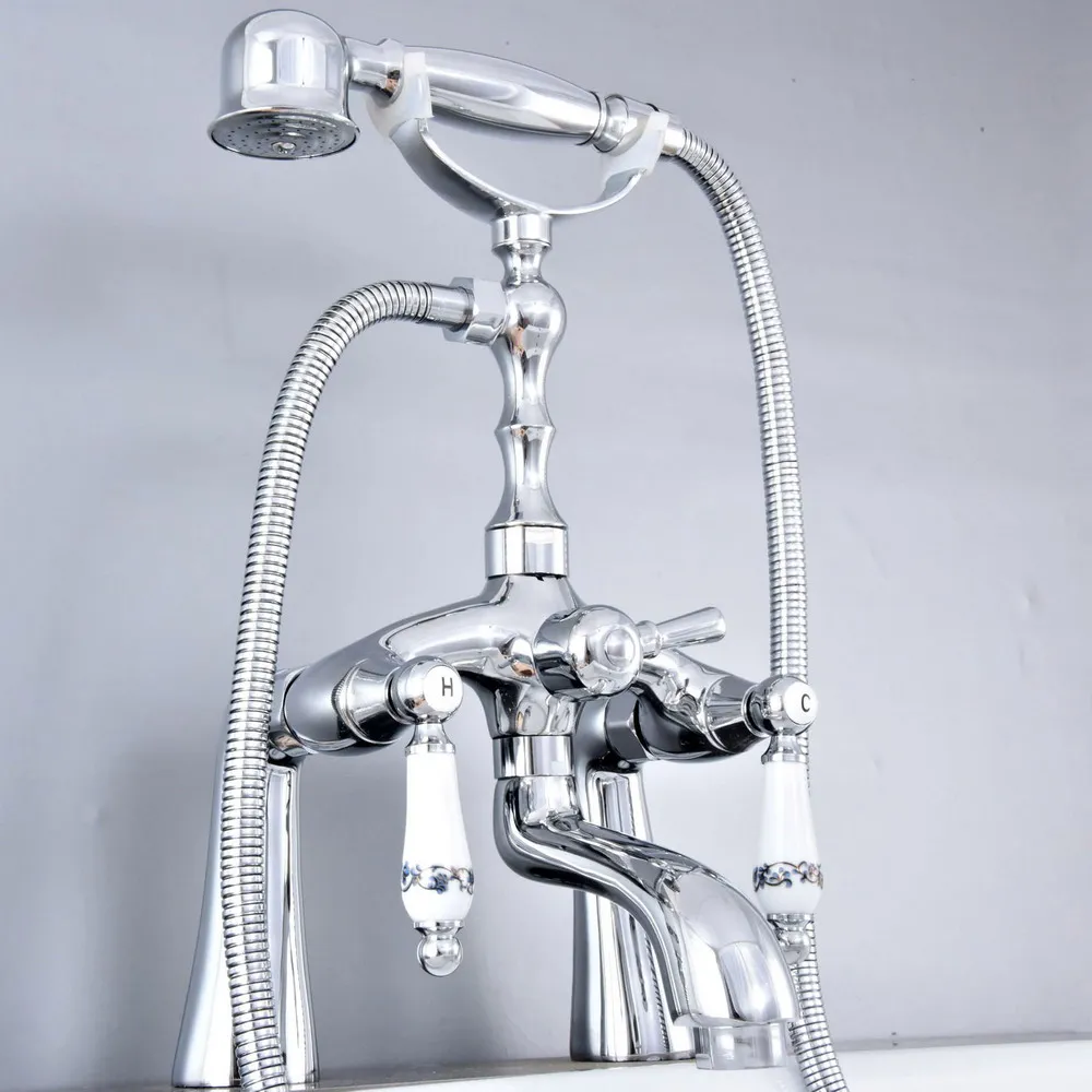 

Polished Chrome Deck Mounted Bathroom Tub Faucet Dual Handles Telephone Style Hand Shower Clawfoot Tub Filler atf761