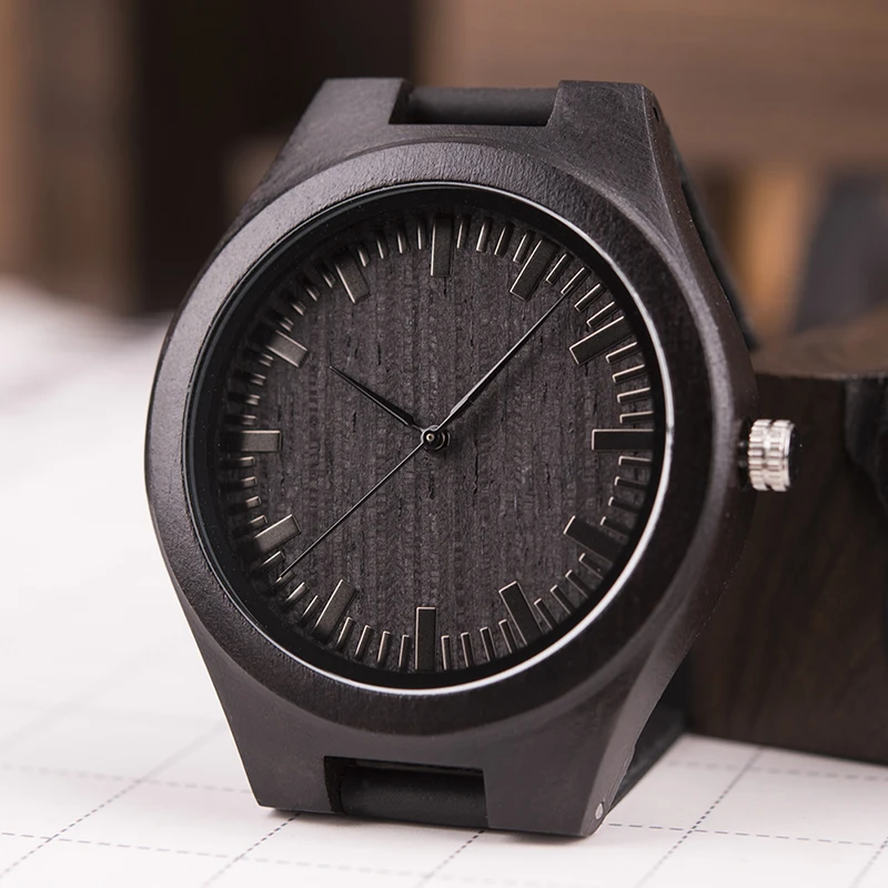 BOBO BIRD WD26 Mens Design Brand Luxury Black Wooden Watches Real Leather Quartz Watch for Men Natural Ebony Wood Drop Shipping