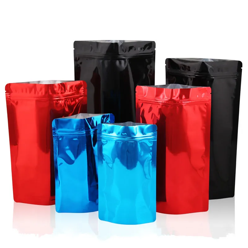 50PCS Stand up Glossy Black/Red/Blue Aluminum Foil Zipper Bag Resealable Snack Sugar Candy Coffee Beans Spice Storage Pouches