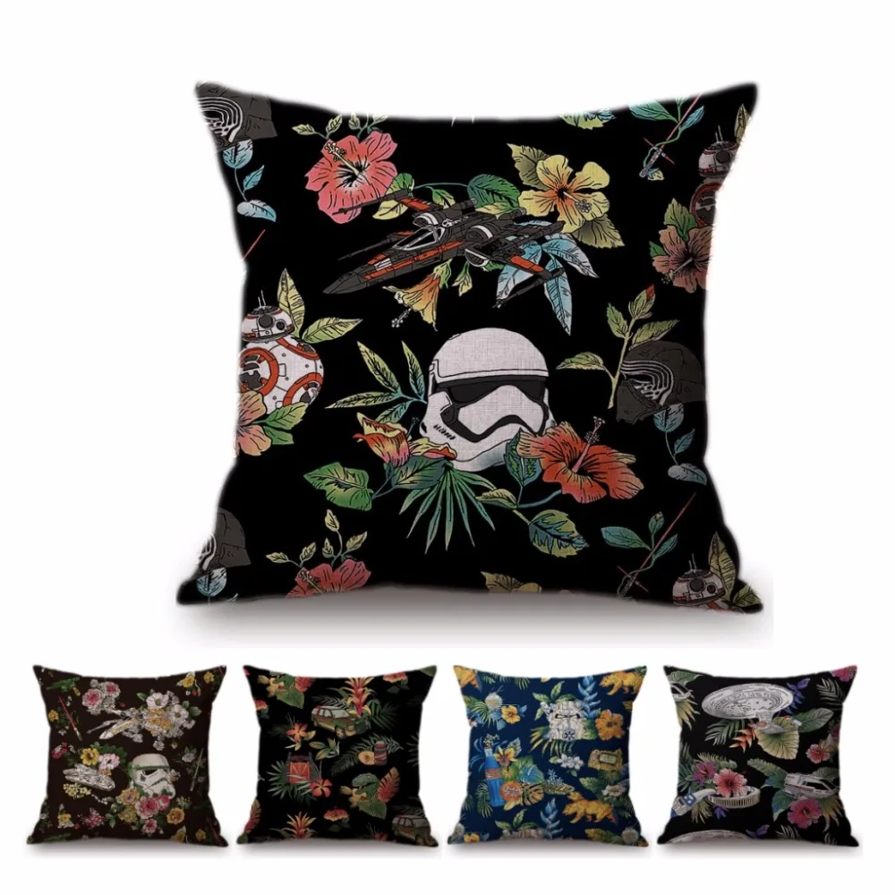 Floral Warrior Cartoon Art Space Ship Cute Cartoon Sofa Decorative Throw Pillow Case Cotton Linen Square Funky Art Cushion Cover