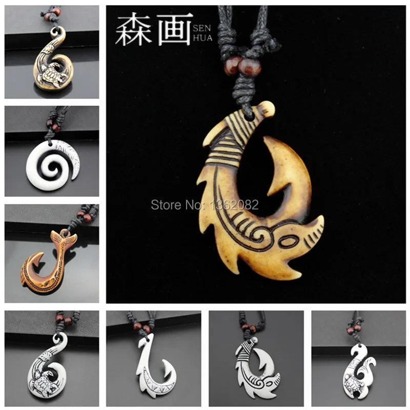 Dropshipping Hawaiian Men Women's Imitation Bone Carving NZ Maori Fish Hook Charms Necklace Moana Fishhook Pendant Gifts MN258