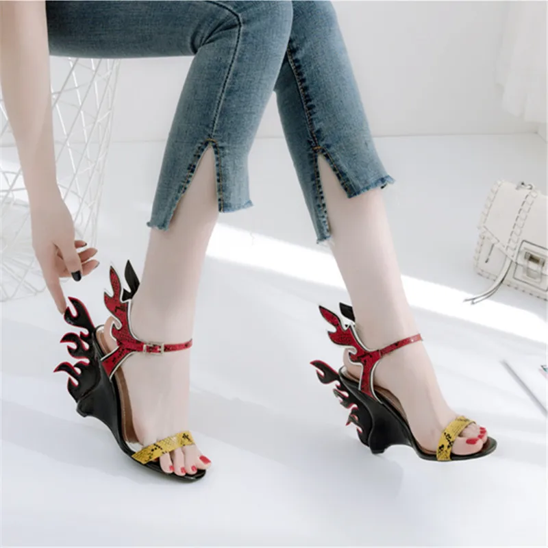 Fire Design Colorful Women Sandals Ankle Strap Wedge Shoes Ladies 10CM High Heel Sandalias Mujer Designer Wedges Dress Pumps