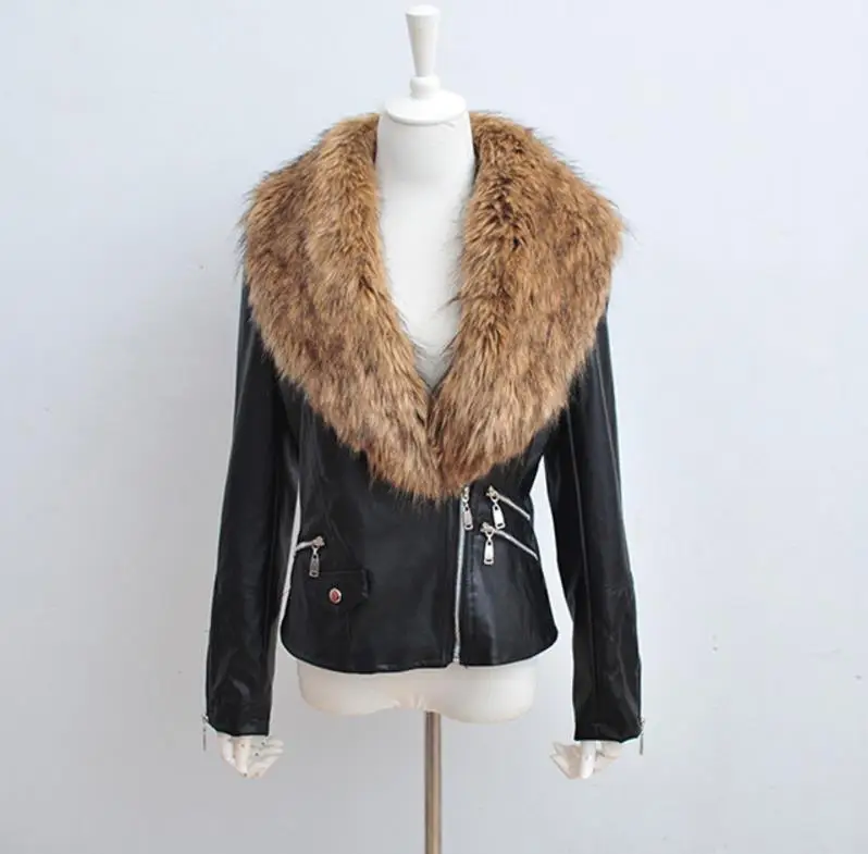 fur collar jacket coat outerwear coat faux leather coat female PU leather jacket women