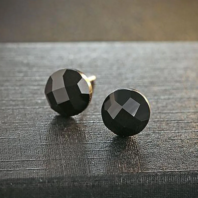 Genuine Real Pure Solid 925 Sterling Silver Stud Earrings for Men Women Jewelry Black Square Round Stone Male Female Earrings