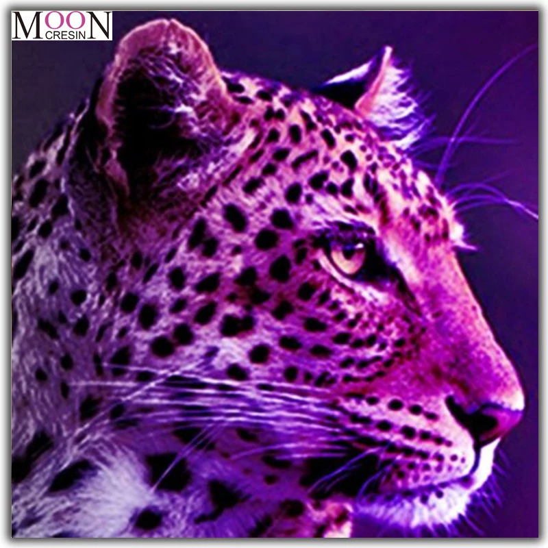 MOONCRESIN Diy Diamond Painting Cross Stitch Purple Leopard Head Diamond Mosaic Full Round Diamond Embroidery Decoration Animals