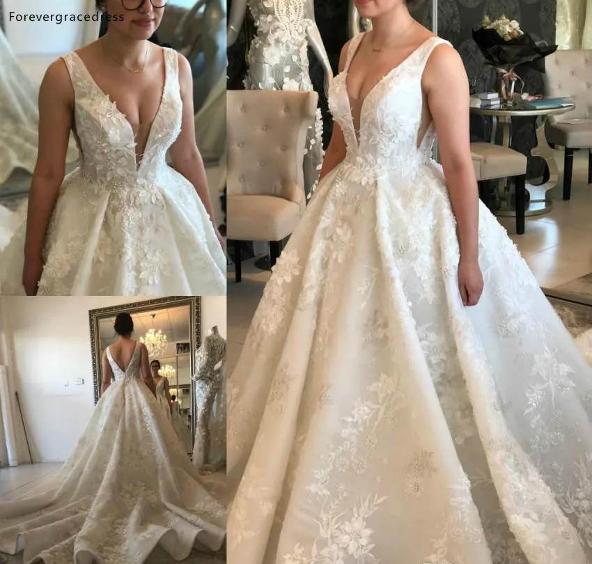 High Quality New Arrival Long Wedding Dress A Line Deep V Neck Lace Flowers Country Summer Garden Bridal Gown Custom Made