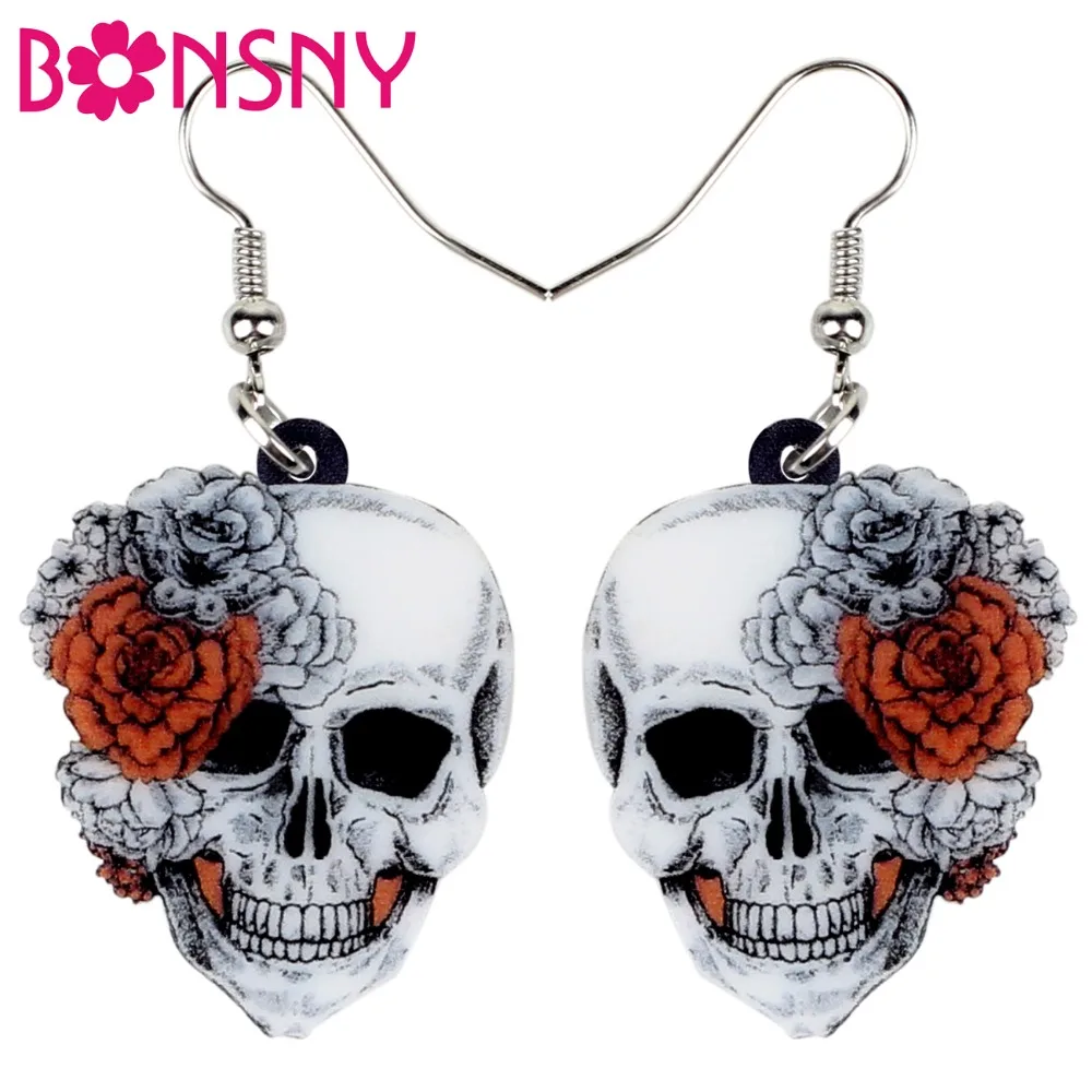 Bonsny Acrylic Halloween Rose Flower Skull Earrings Drop Dangle Big Long Fashion Punk Jewelry For Women Girls Ladies Accessories