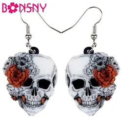 Bonsny-pendientes acrílicos con forma de rosa para mujer y niña, aretes largos con diseño de calavera y flores para Halloween, joyería Punk a la moda, accesorios para damas