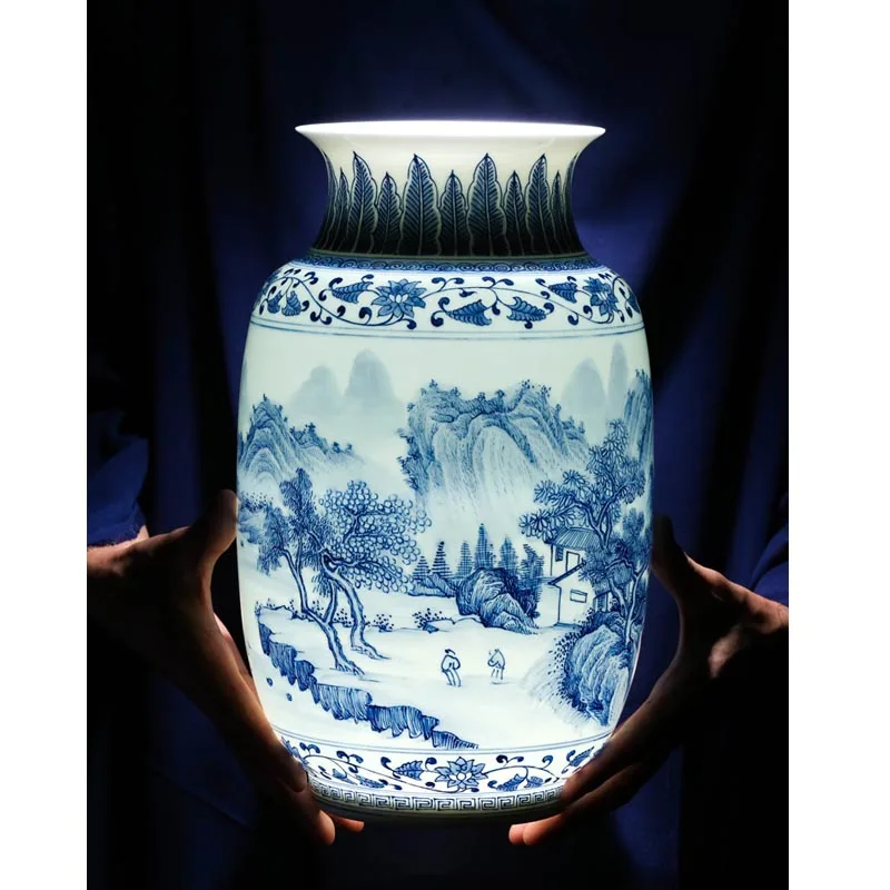 Creative Chinese Hand Painted Porcelain Flower Vase Blue and White Rivers And Mountain Pattern Tabletop Vase Home Office Decor