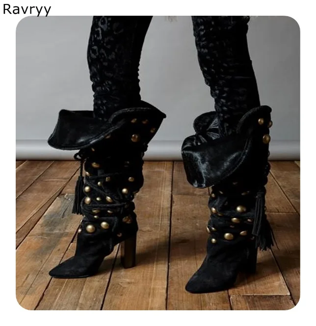 

2019 Autumn Winter Fashion Lace Up Black Suede Woman Long Boots Round studded High Square Heel Design Female Party Show Shoes