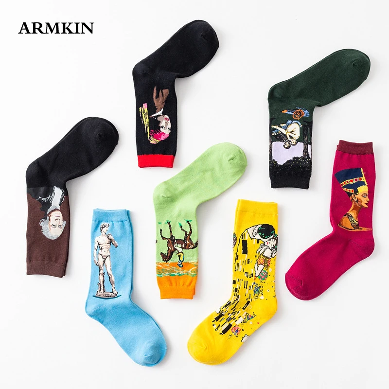 ARMKIN Vintage Men Socks Art print Socks harajuku Mona Lisa David pattern women socks Cotton happy funny Socks For Christmas