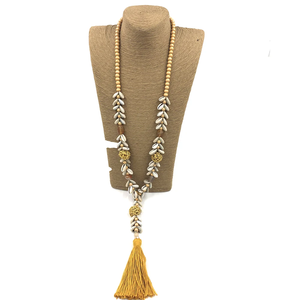New Handmade Cowrie Shell Beaded Chain Necklace Bohemia Boho hollow Pompoms Long Fringe Tassel Pendant Necklace For Women Summer