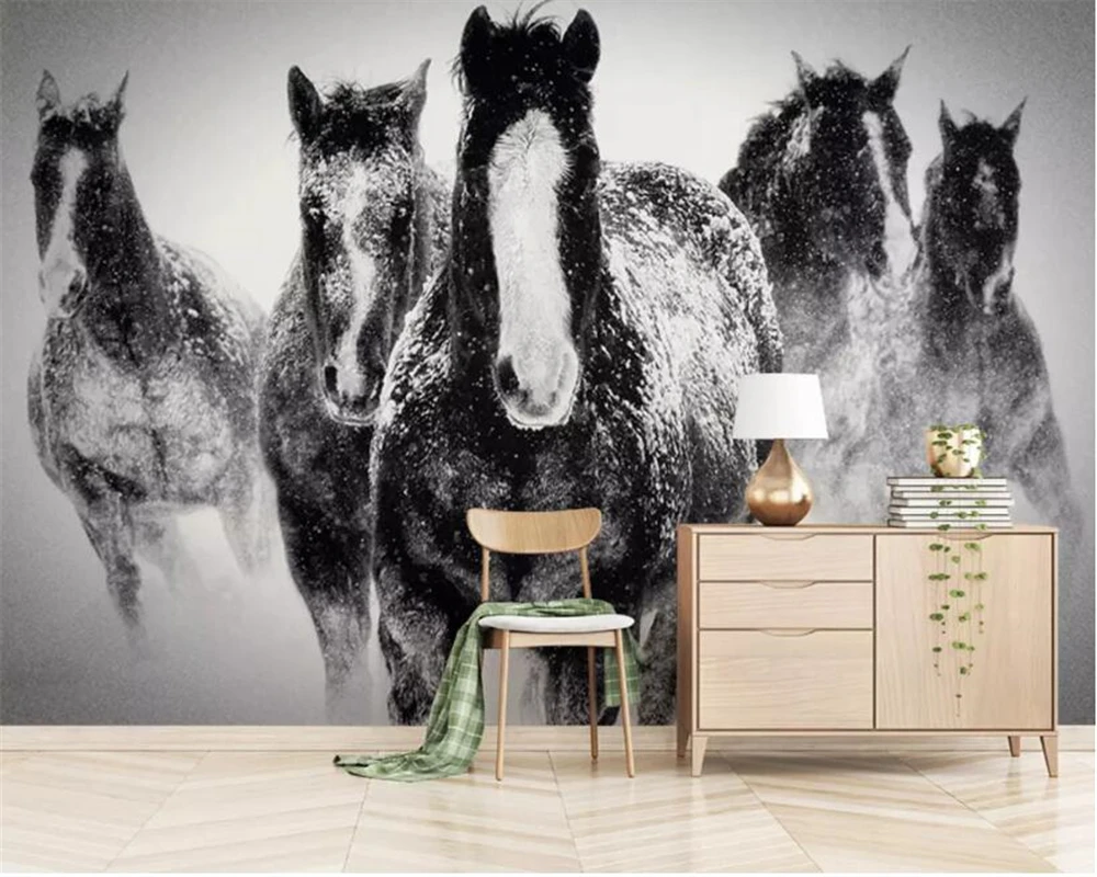 Custom size mural running horse black and white decorative painting living room bedroom home decorative painting 3d wallpaper