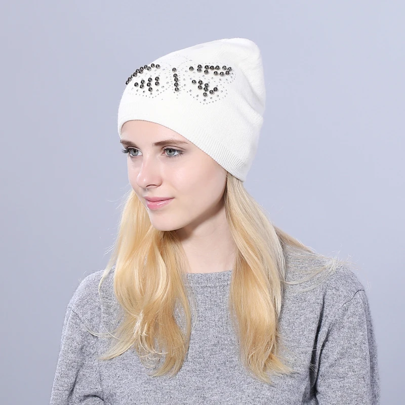 [YARBUU] real mink fur ball hat for women wool skullies beanies Butterfly nail beads solid Knitted Hat for girl Female ski cap