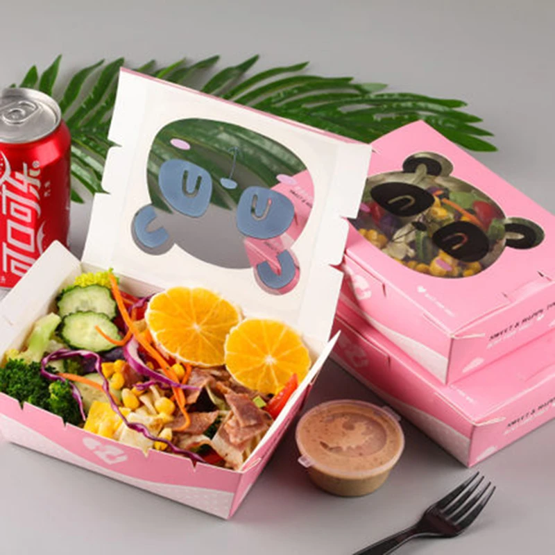 Salad Fruit Disposable Paper Box Cartoon Panda Anti-Oil Cardboard Box Pink Paper Bowl Window Open Take Away Packing Tools 20pcs