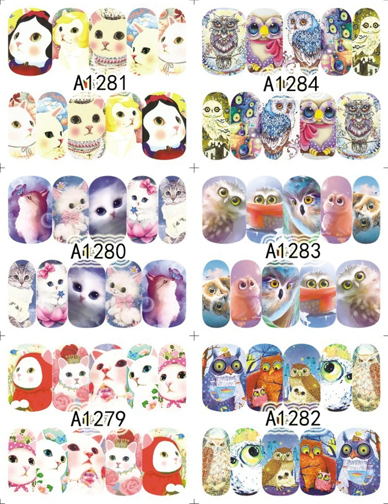 12 Sheets Mixed Designs Cute Dog Cat Full Cover Water Transfer Nail Art Decorations Stickers Beauty Nails Manicure Tools 1273