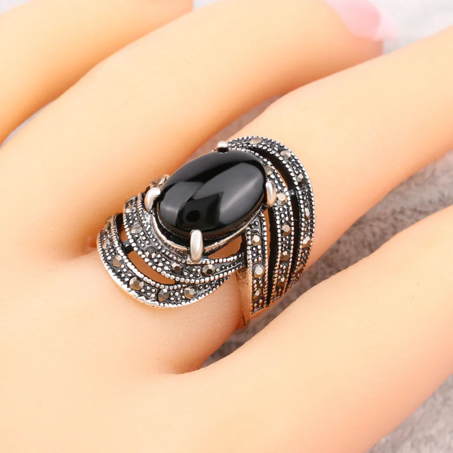 Vintage Black Crystal Opals Rings Women Retro silver color jewelry Ring punk Bijoux anel masculino bague femme Bulgaria rings