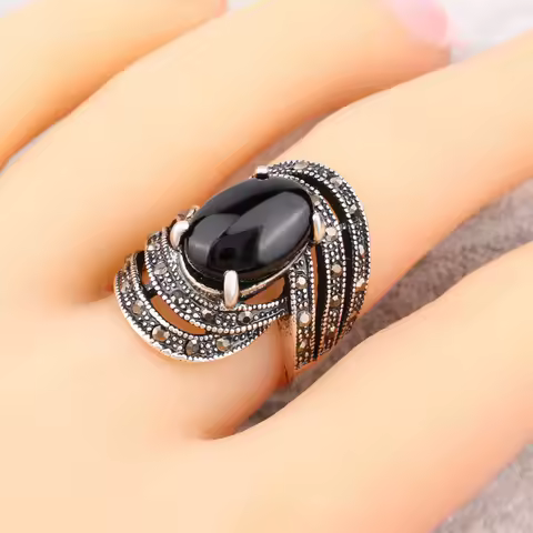 Vintage Black Crystal Opals Rings Women Retro silver color jewelry Ring punk Bijoux anel masculino bague femme Bulgaria rings