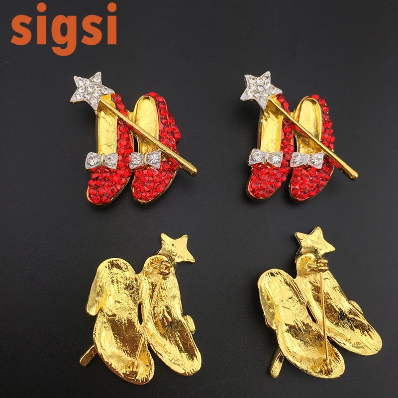 50pcs/lot customized 40mm gold tone fairy tale red magic shoes crystal brooch pin high heels broach for children