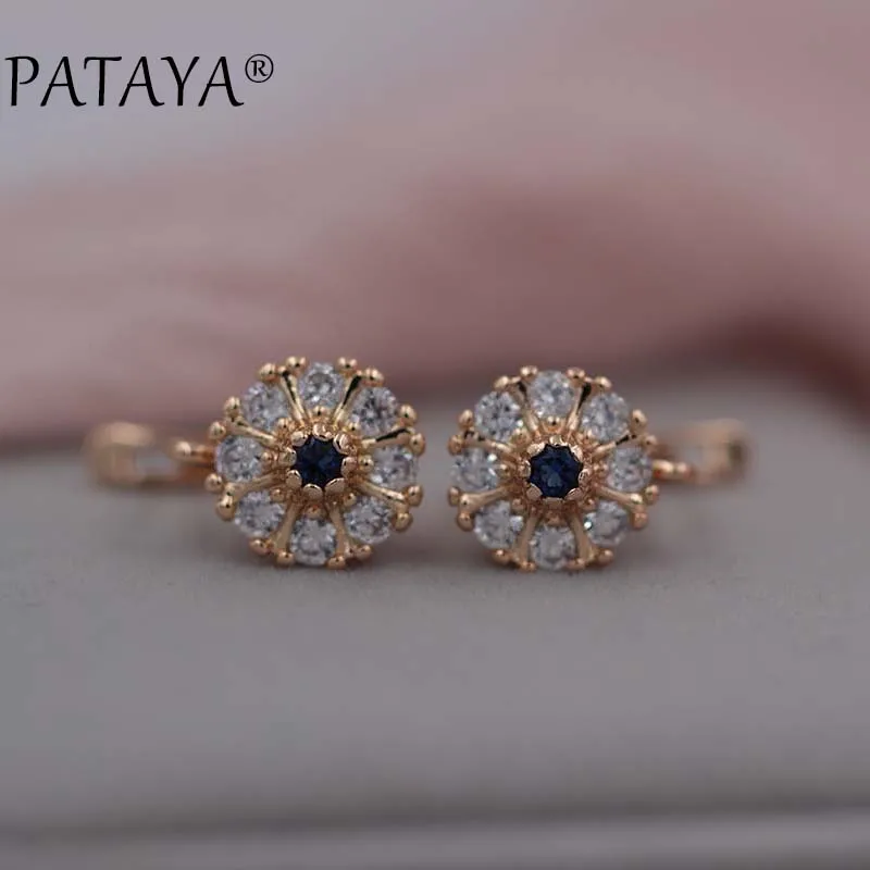 PATAYA New Lotus Drop Earrings 585 Rose Gold Color Natural Zircon Earrings Women White Wedding Jewelry Bridal Blue Drop Earrings