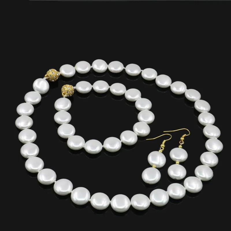 Jewelry set 12MM Natural White Coin Pearl Necklace Bracelet Earring Beads Natural Stone Fashion Jewelry BV126 Wholesale Price