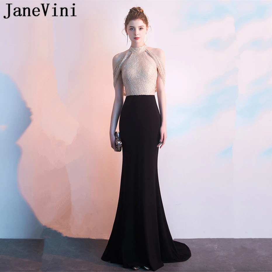 

JaneVini Sexy Black Prom Dresses 2019 Luxury Beading Sequined Satin Sweep Train Backless Dubai Mermaid Long Evening Party Gowns