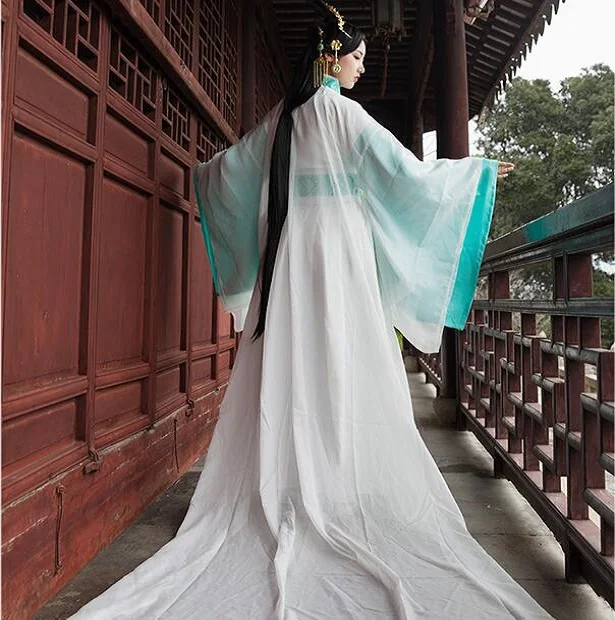 

High quality Asian Film Stars Same Item Ancient Clothes China Elegent Princess Hanfu Long Tail Dress Fairy Blue White Apparel