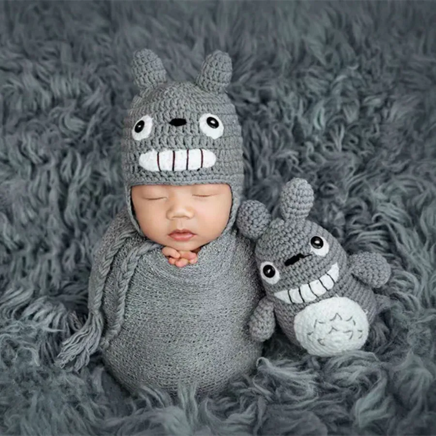 Accesorios de fotografía para recién nacido, gorros bonitos para bebé, conjunto de juguetes de Totoro de dibujos animados, gorro de punto para bebé,