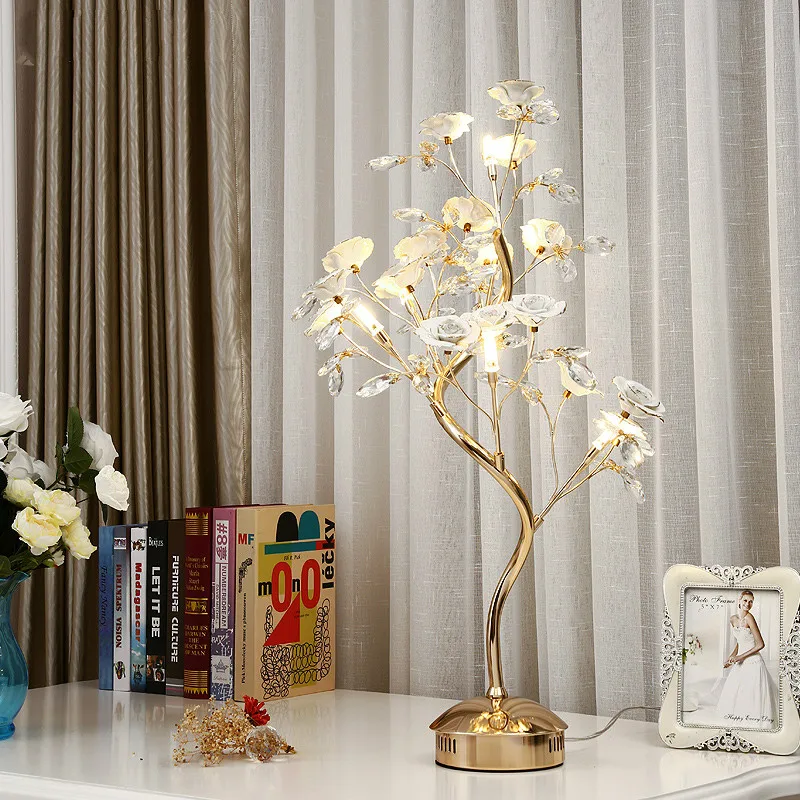 G4 led desk light clear pink Crystal tree Table Lamp Bedroom Living room standing Lamp Wedding Ceramic Flower Lamparas De Mesa