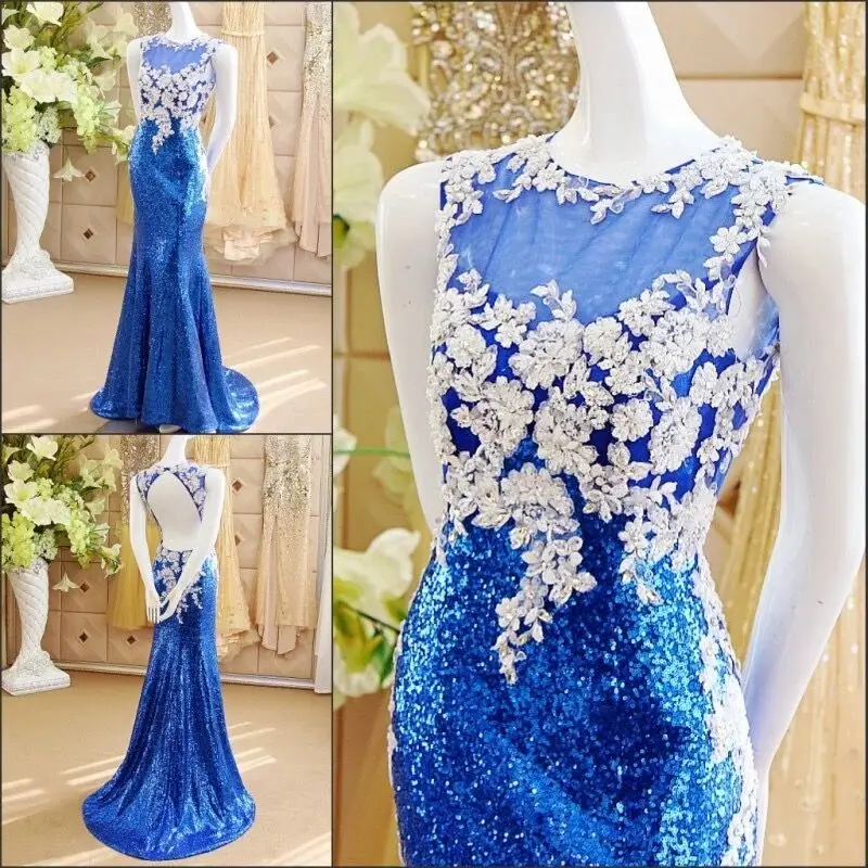 Blue Sexy Mermaid Sequin Tulle Lace Crystal Beaded Stones Luxury 2021 New Evening Dress Party Gowns Dress Evening Gown JE25